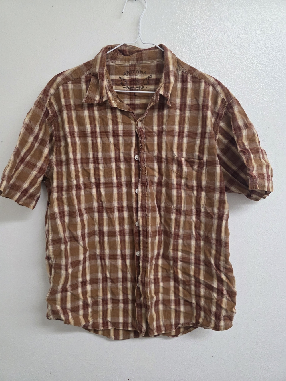Arizona Jean Company Short-Sleeve Plaid Button-Down Shirt-Brown and Cream (0593)